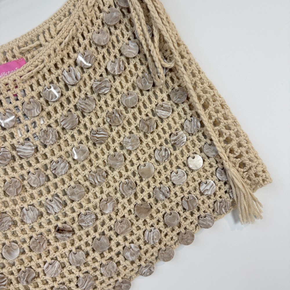 Edikted Alora Iridescent Crochet Mini Skirt Womens Size S Beige Sequin Boho Tie - Picture 3 of 10